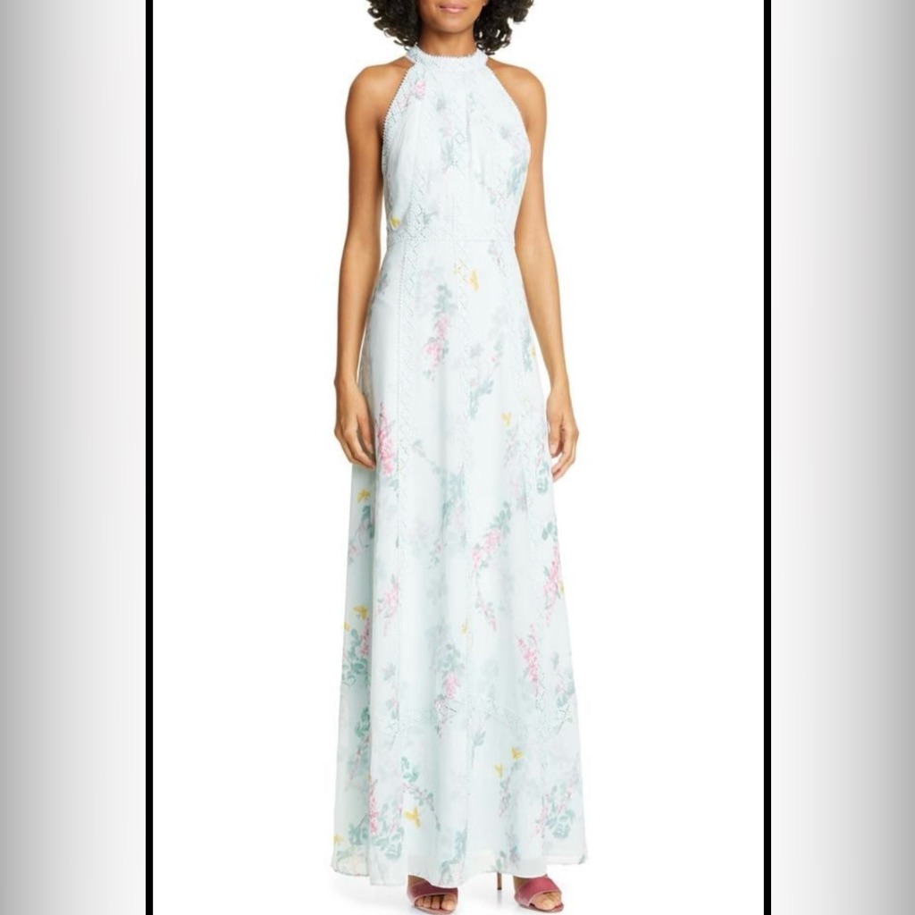 Ted Baker Pale Blue Floral Halter Maxi Dress